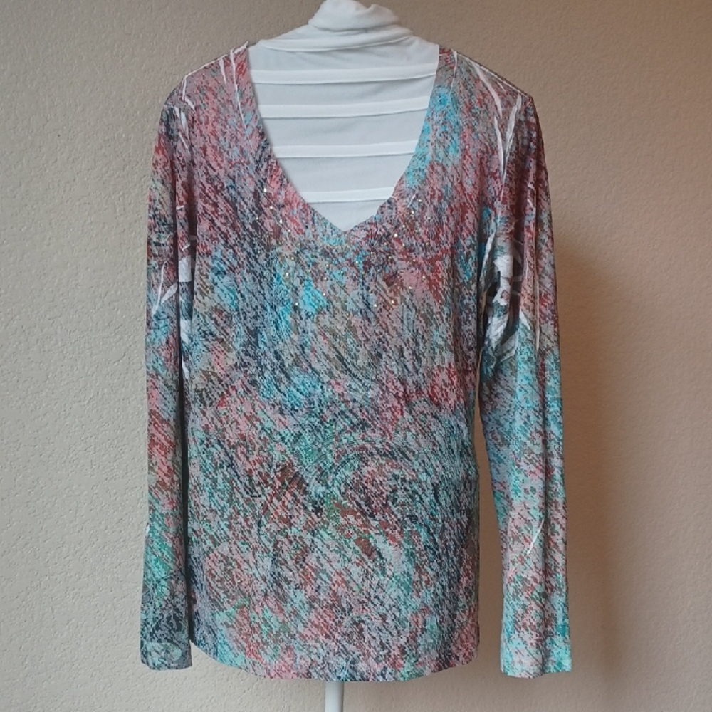 3/$25 SALE Eyelash Couture Long Sleeve Shirt Teal & Pink, Gold Studs, Juniors XL